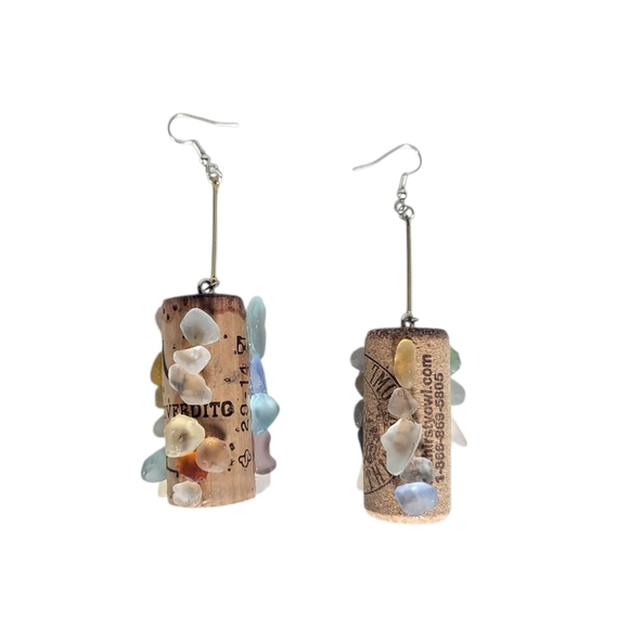 14k Goldplated Wine Cork & Sea Glass Bar Dangle Earrings - Picture 4 of 5